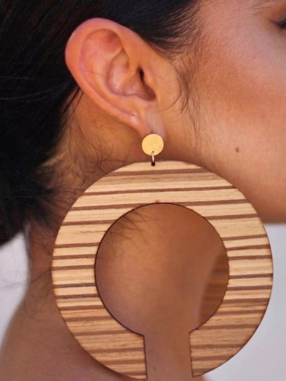 LAKA Striped Wood-Style Earrings in Brown & Gold